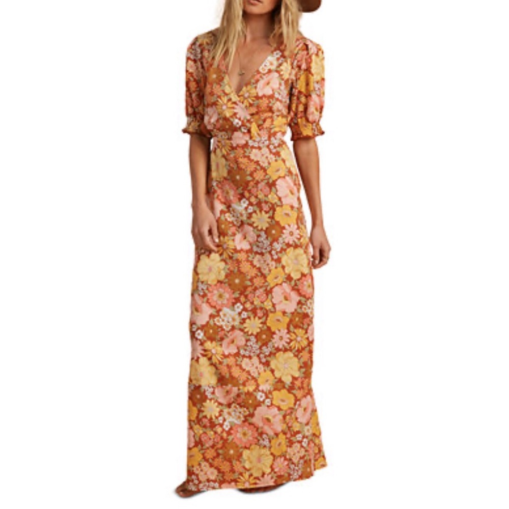 Billabong Brown Floral V-Neck Maxi Dress with Yellow & Pink Flowers medium guc